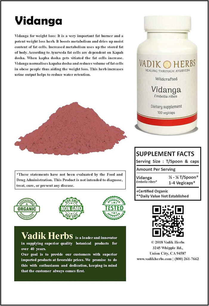 Herbs Vadik Certified Organic Vidanga (Embelia Ribes) Polvo 1lb. Pack ← Excelente hierba para pérdida de peso, condiciones de piel, limpiador intestinal
