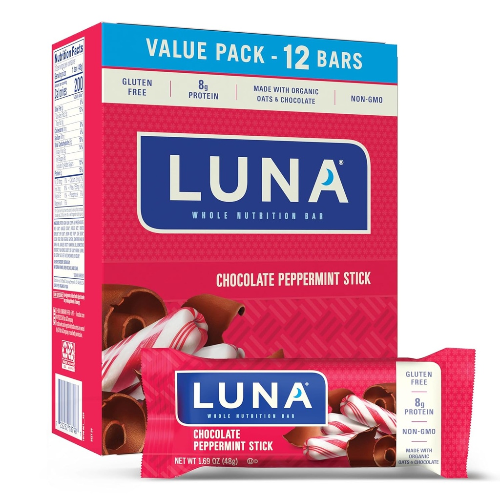 LUNA Bar - Chocolate Peppermint Stick Flavor - Snack Bares - Non-GMO - Bares de proteína sin gluten - Hecho con avena orgánica (12 Pack)
