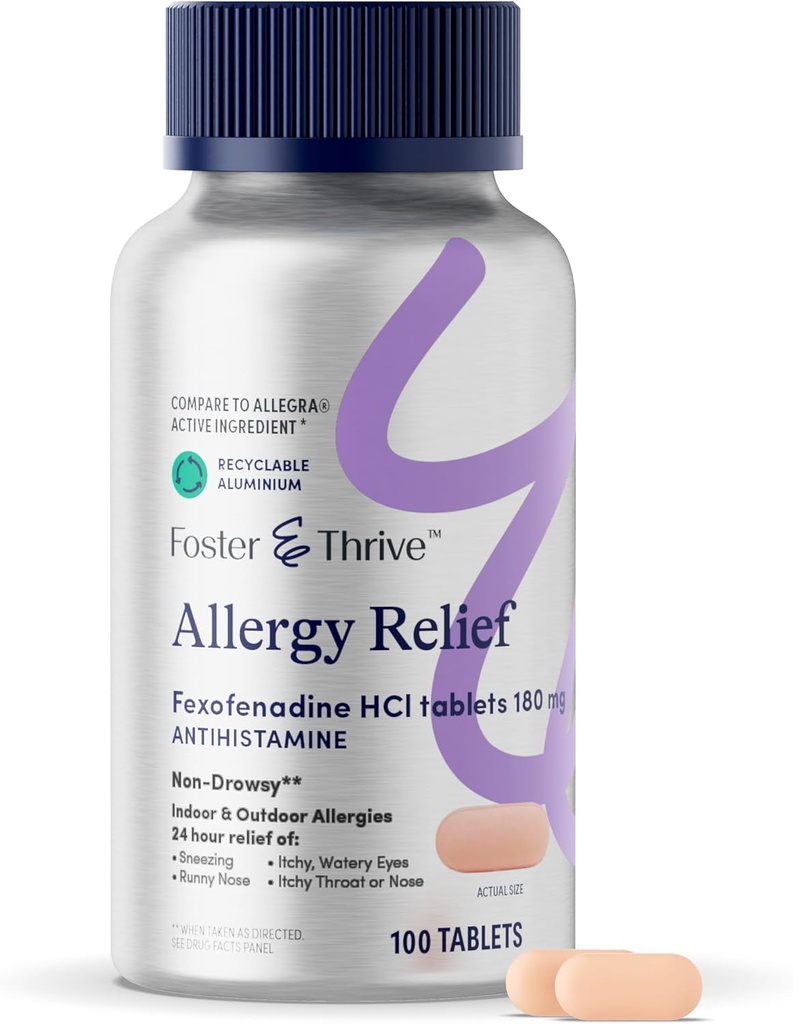 Foster & Thrive Fexofenadine HCl Non Drowsy Allergy Relief for Hay Fever, Pollen, Itchy Eyes, and Seasonal Allergies, Effective Support for Kids and Adults, 180 mg, 100 Tablets