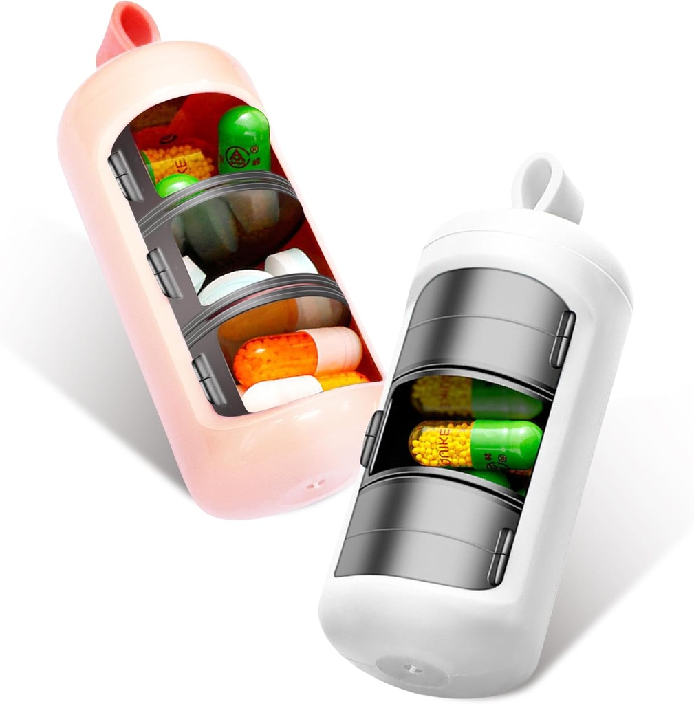 2 Pack 3 Compartimiento Caja pequeña de la píldora, Mini caja de la píldora portátil - Viajar suplemento de la píldora de la medicina diaria organizador, contenedor de vitaminas (White+Pink)