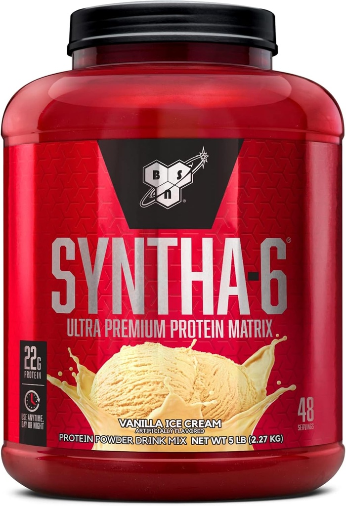 BSN SYNTHA-6 Whey Protein Powder, Micellar Casein, Milk Protein Isolate Powder, Vanilla Ice Cream, 5 libras, 48 piezas (Pack of 1) - Paquete Mayo Vary