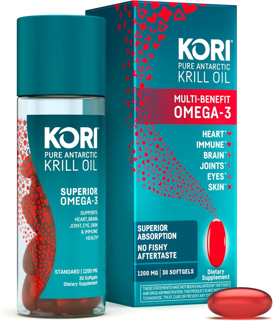 Kori Krill Oil Omega 3 Suplemento, Antártico Krill Oil with Superior Absorption vs Fish Oil, 1200mg Softgels, 30 Softgels, EPA & DHA