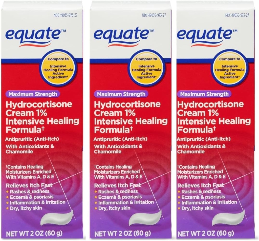 Equate Hydrocortisone Intense Healing Cream, 2 oz, 1 Percent Intensive Healing Formula, Itch Relief for Bug Bites, Eczema, Psoriasis, Poison Ivy, Oak and Sumac, 2 Ounce (Pack of 3)
