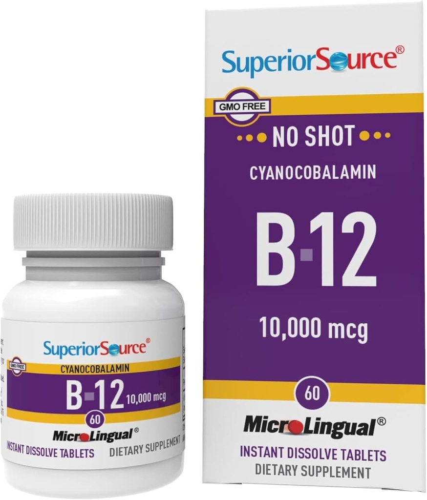 Fuente Superior No Shot Vitamin B-12 Cyanocobalamin 10000 mcg - Vitamina B-12 para apoyar la producción de energía, la salud cerebral " Wellness general - Tablas sublinguales - 60 Tablas dissolvables