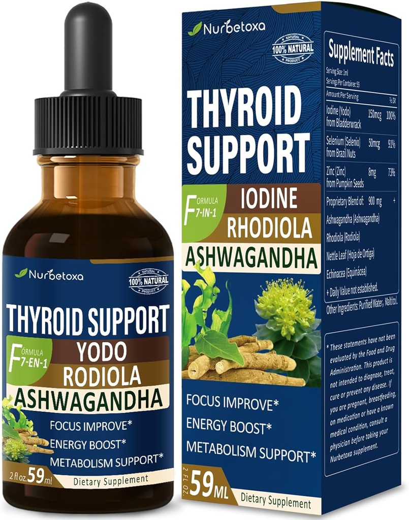 Tiroides de soporte de tiroides - Suplemento de yodo líquido, Gotas de YODO y Selenio para Tiroides, Con Rodiola Semenovii y Ortiga, Combate la Fog cerebral w/Ashwagandha & Rhodiola Extract Tincture.2 oz