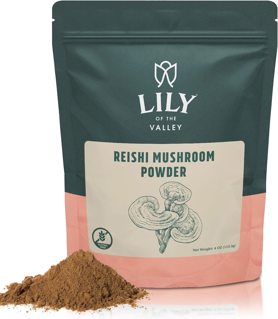 Lily of the Valley Reishi Mushroom Powder - Grande para el café, Smoothie y Shakes - Mushrooms adaptogénicos - Vegan & Gluten-Free - Empaquetado en bolsa resealable (4oz, 113g)
