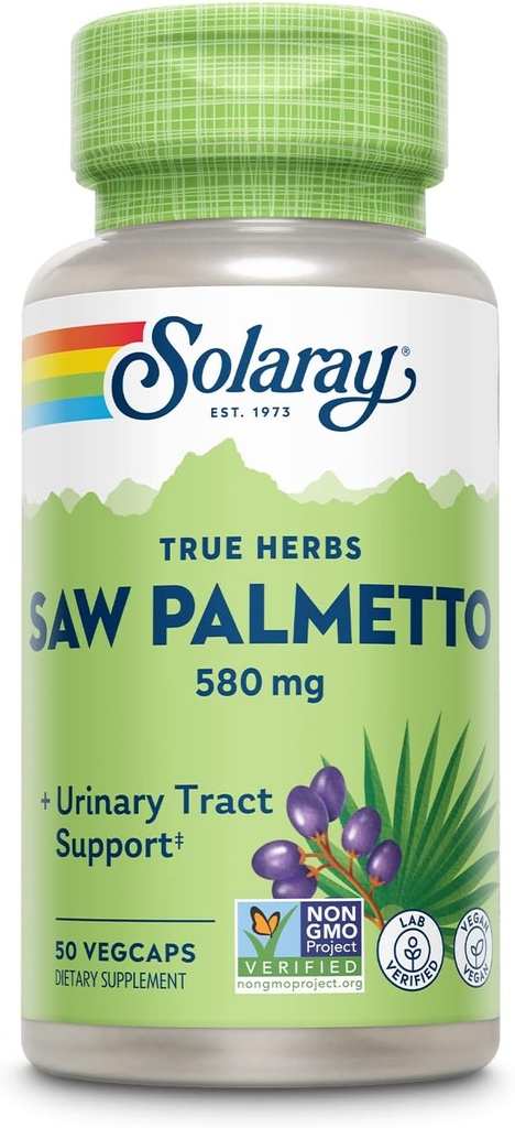 SOLARAY Saw Palmetto Berry 580 mg, Healthy Prostate and Urinary Tract Support from Fatty Acids & Plant Sterols for Men and Women, Non-GMO, Vegan & Lab Verified, 50 VegCaps, 50 Servings
