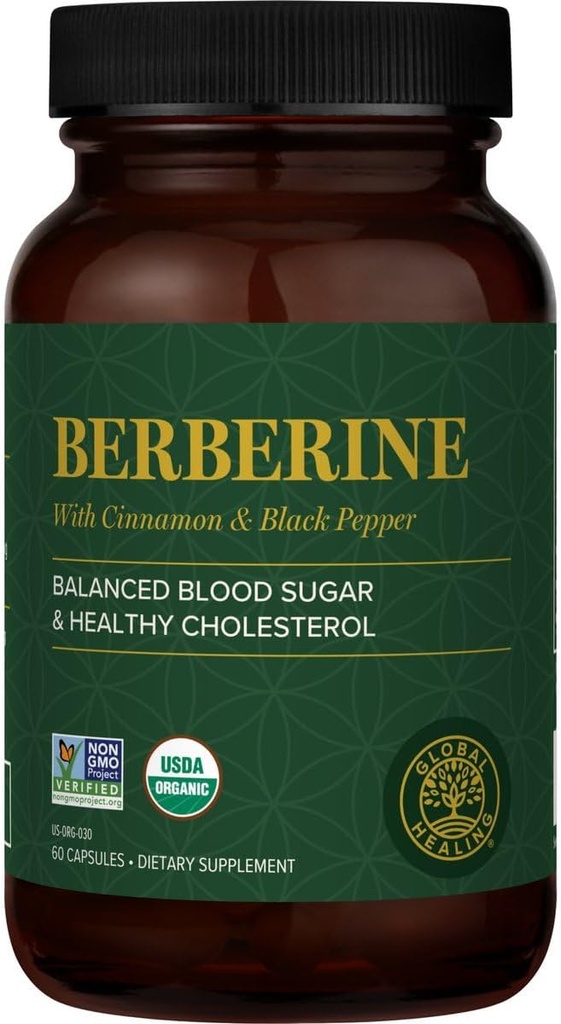 Global Healing Center - Organic Berberine (Berberina) con Ceylon Cinnamon &amp; Black Pepper, 1200 mg- Extra Strength Berberine Suplemento &amp; Complejo para la pérdida de peso (60 cápsulas)