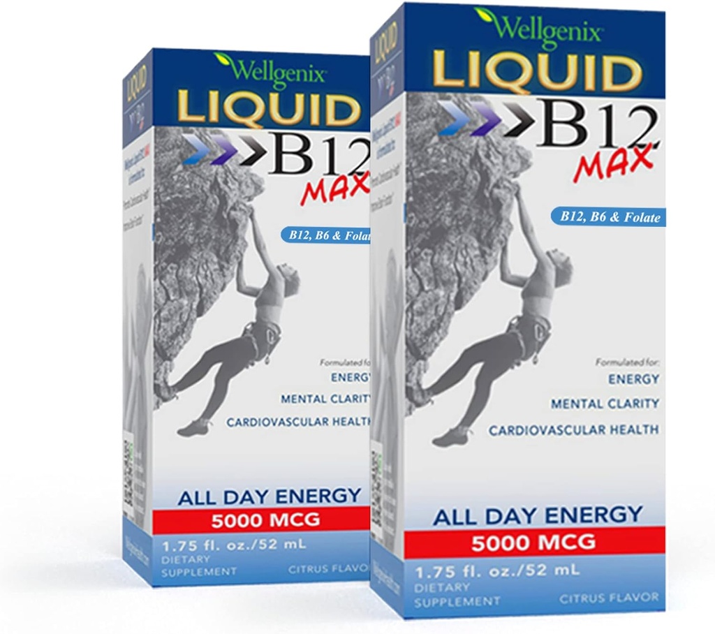 Wellgenix B12 Max Liquid - Vitamina B6, B12 &amp; Folate-High Absorption - Cardiovascular Health, Mental Clarity, Energy Boost &amp; Weight Pérdida - 1.75oz, 2 Pack