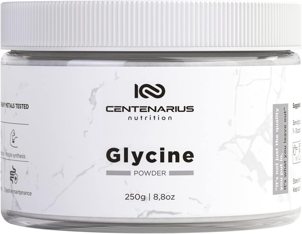 Glycine Powder 250g ← Aminoácidos no esenciales Suplemento para la recuperación de músculos después del entrenamiento, la digestión, la ayuda al sueño + Más - Vegan, Additive-Free, Third-Party Tested  Centenarius Nutrition