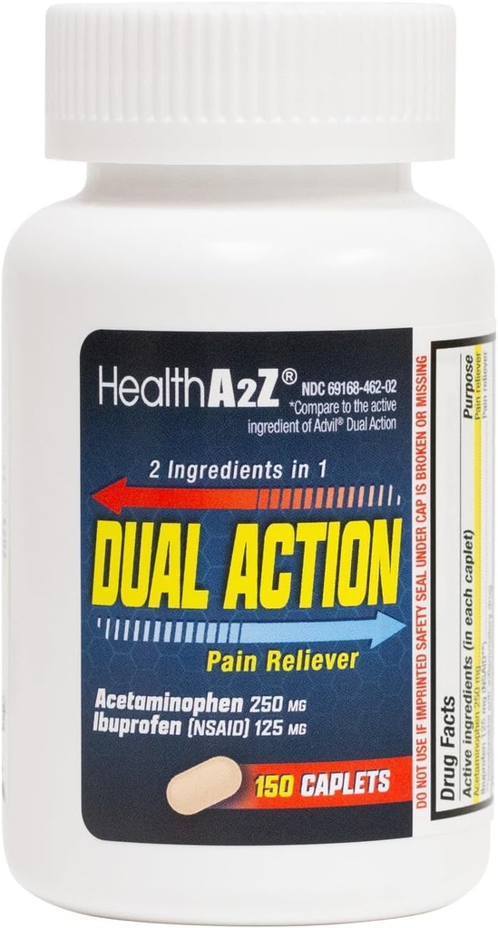 HealthA2Z® Dual Action Pain Relief ← Acetaminophen 250mg &amp; Ibuprofen (NSAID) 125mg ← Contiene dos medicamentos  durable Relief from Headache, Fever & Backache (150 cápsulas)