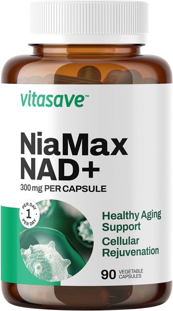 Vitasave NiaMax NAD+ Supplement – 300mg Niacinamide Riboside per Capsule – High-Potency NAD+ Precursor for Energy, Healthy Aging & Metabolic Function – Vegan, Non-GMO, Gluten-Free (90 Capsules)