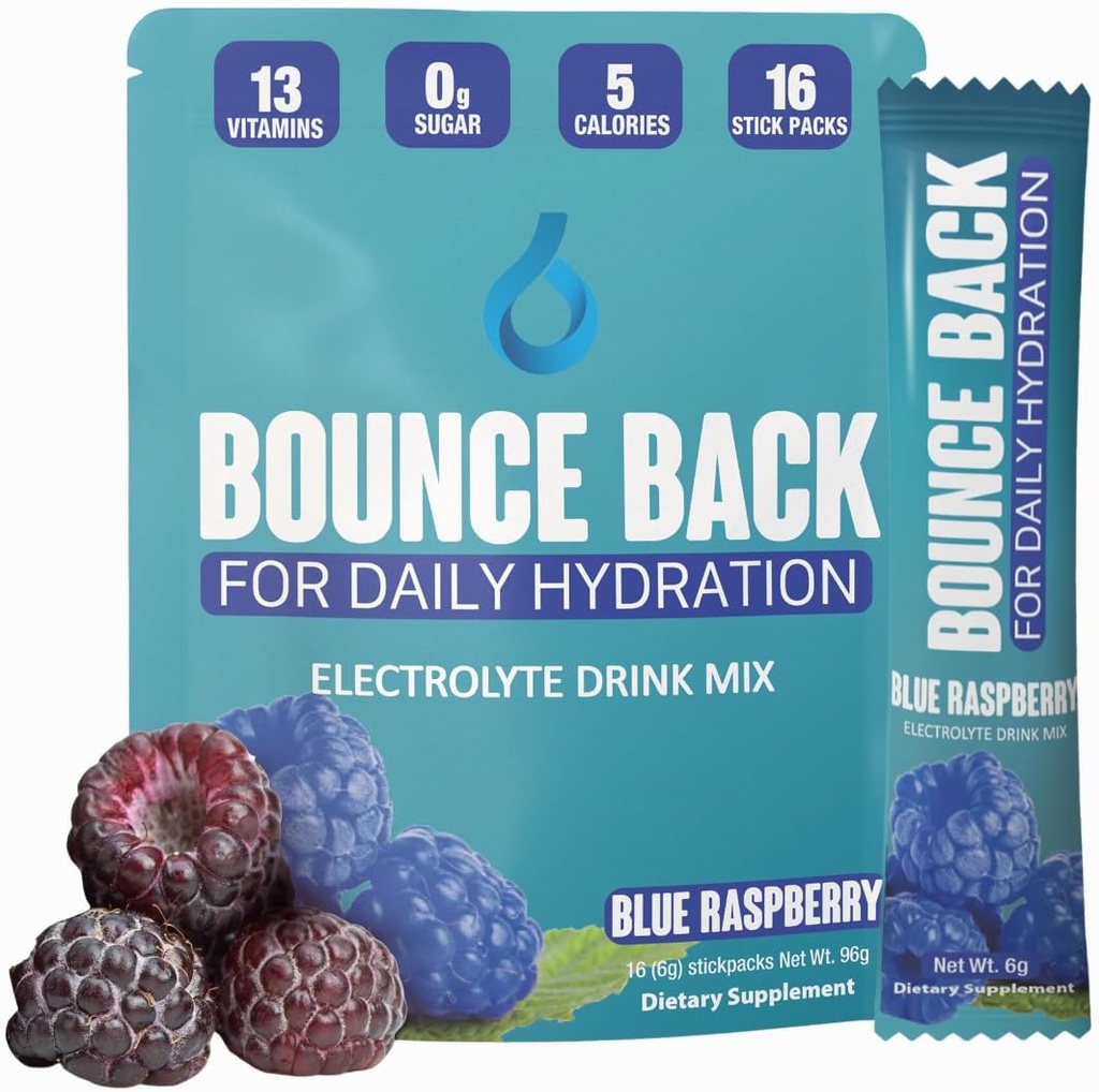 Bounce Back Hidratación diaria - 13 vitaminas esenciales, paquetes de electrolitos de azúcar cero - 5 calorías, orgánica - Keto y amiga intermitente  0 carbohidratos netos (16 Pack, Blue Raspberry)