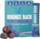 Bounce Back Hidratación diaria - 13 vitaminas esenciales, paquetes de electrolitos de azúcar cero - 5 calorías, orgánica - Keto y amiga intermitente  0 carbohidratos netos (16 Pack, Blue Raspberry)