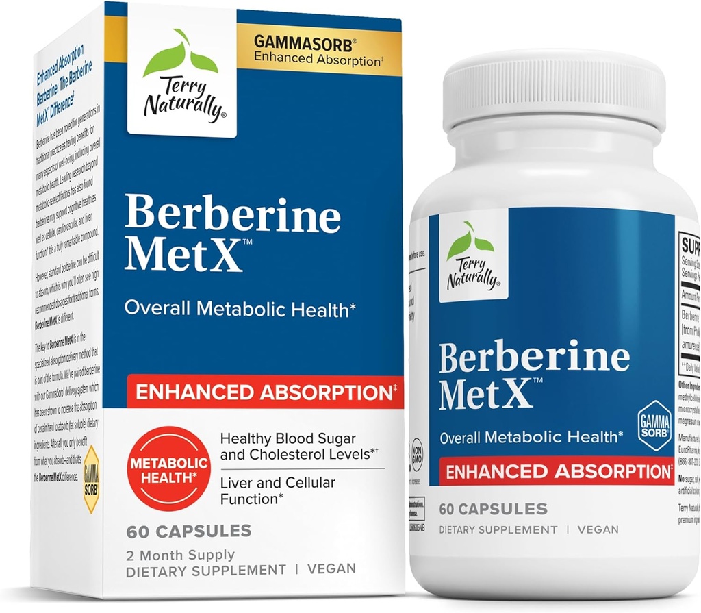 Terry Naturalmente Berberine MetX Extra Strength - Brain &amp; Liver Health Support Suplemento - Suplemento con Indian Barberry Root Extract - Vegan Capsules for Metabolic Health Support - 60 cápsulas