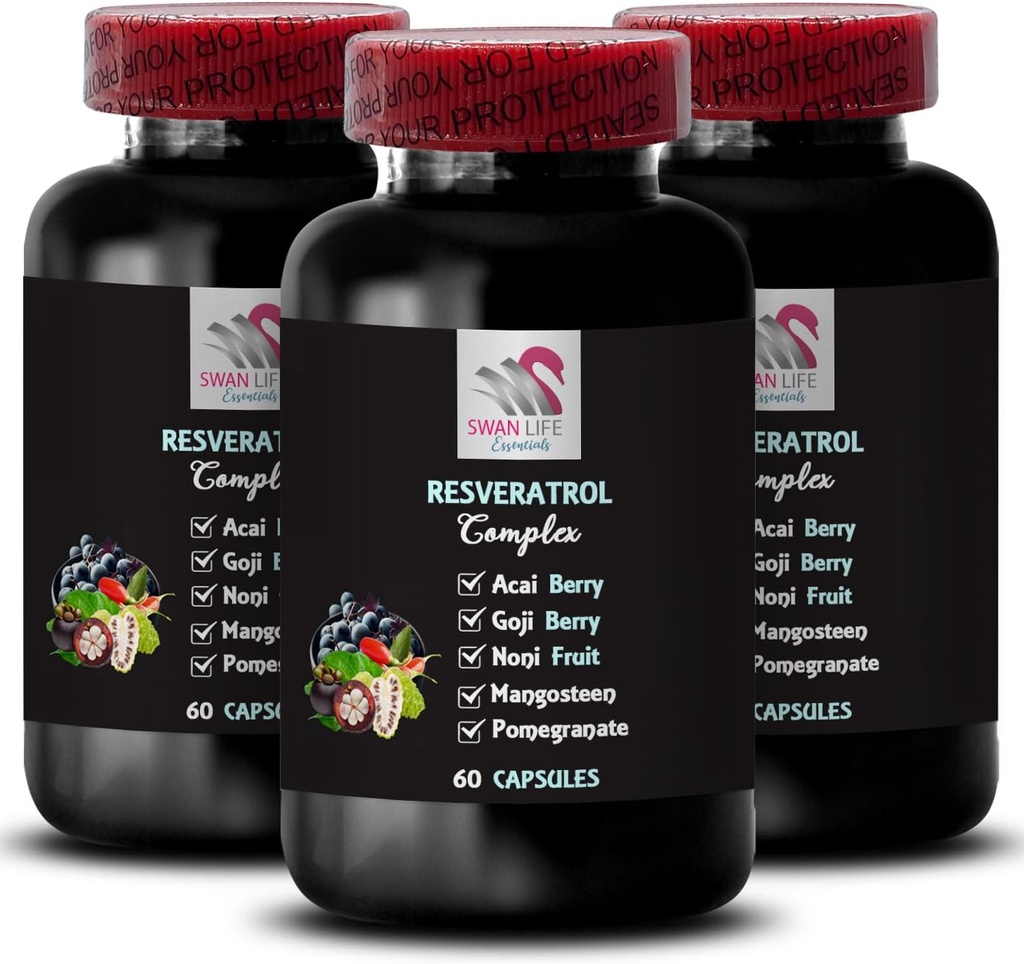 Superalimentos de Berry - RESVERATROL COMLEX - Potentes antioxidantes, Energía diaria, Energía de Berry Acai, Ingredientes naturales, Escudo Antioxidante, Energía Flavorosa, Goji Berry Power 3 Botellas 180 cápsulas