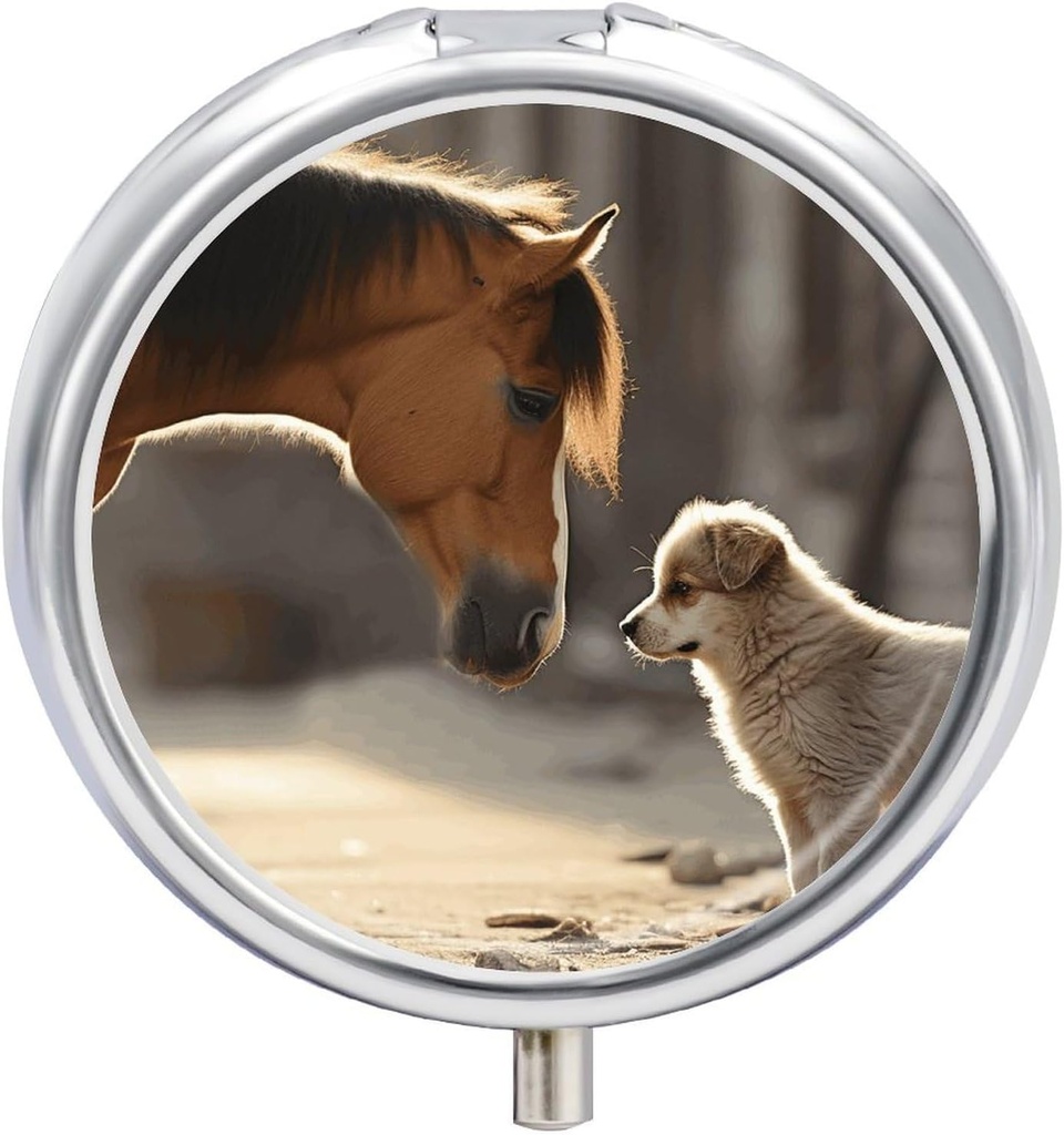 Cute Dog and Horse Printed Pill Box Small Pill Case for Purse &amp; Pocket 3 Compartment Travel Pill Boxes Metal Round Small Pill Organizer to Hold Vitamins, Medication, Fish Oil and Supplements