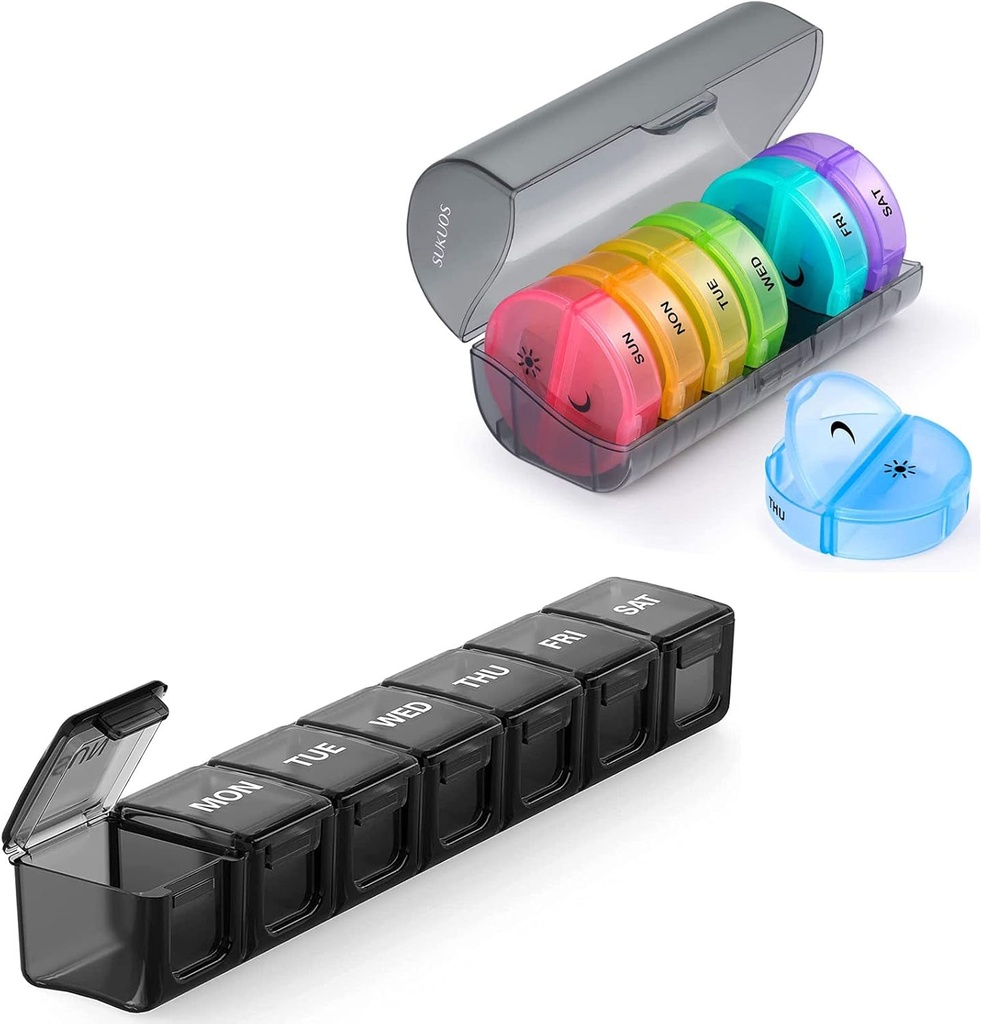 Sukuos 2 Pack Organizador semanal de píldoras, Caja de píldoras diarias 7 días para vitaminas, aceites de pescado o suplementos