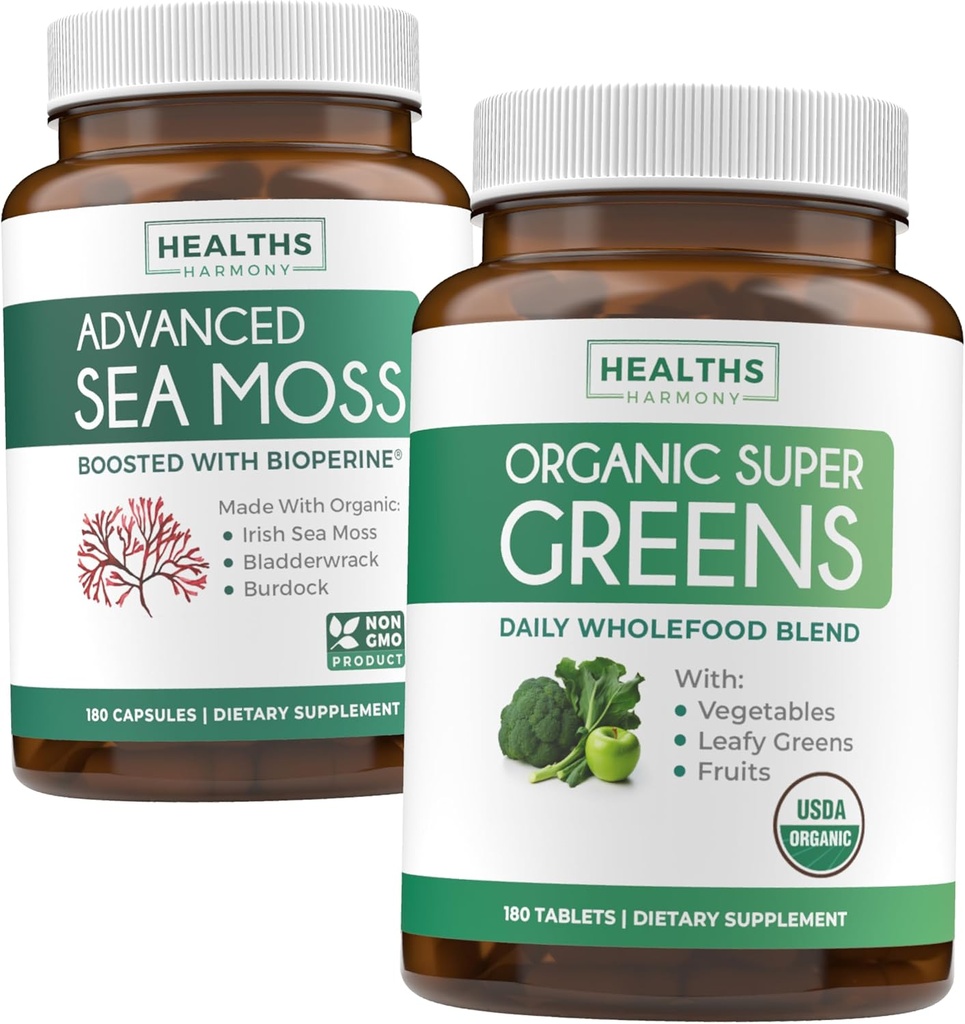 Irlandés Moss " Ecológico Super Verdes (3-Mes) Green Sea Synergy Bundle - Organic Irish Seamoss - Raw Vegan Superfood (180 Caps) " Organic Greens Powder with 28 Fruits " Vegetables (180 Caps)