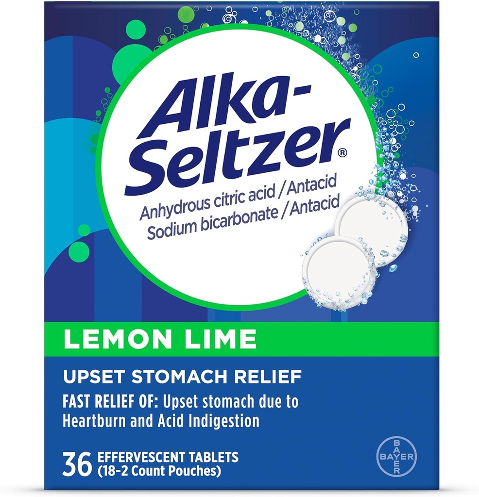 Alka-Seltzer Lemon Lime Heartburn tabletas de alivio, Alivio de la indigestión de ácido rápido, Ácido con sabor de limón 36 Ct