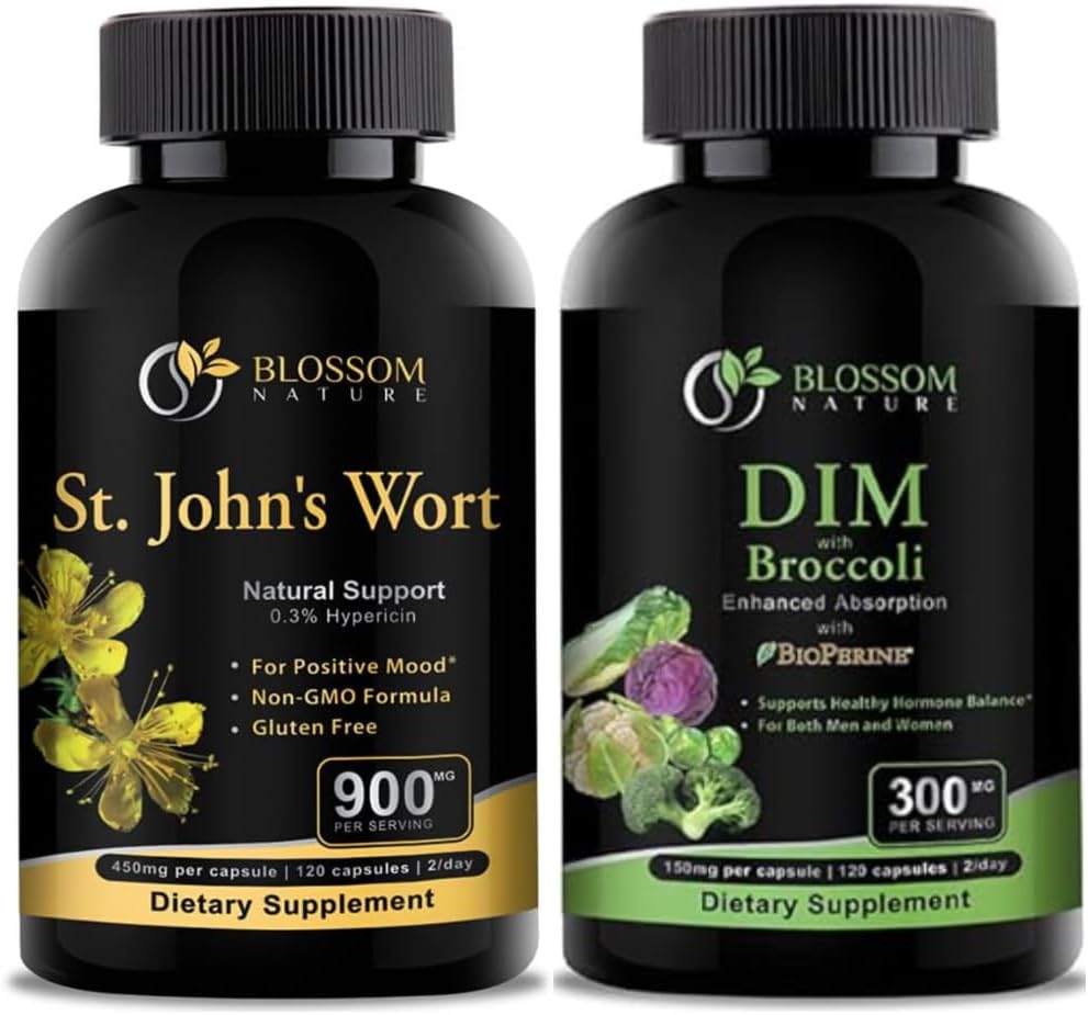 St Johns Wort 900mg-Mood Support Supplement-Calm Supplements. DIM Supplement 300mg with Broccoli 200mg BioPerine 10mg-Hormone and Estrogen Balance for Women&Men.120 Vegetable Capsules(2 MONTHS SUPPLY)