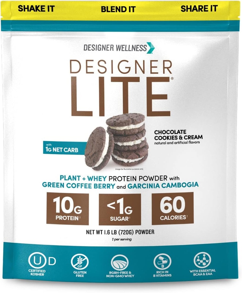 Designer Wellness, Designer Lite, Low Calorie Natural Protein, Prebiotic Fiber, Key Vitamins & Minerals, Chocolate Cookies &amp; Cream, 25.6 onzas