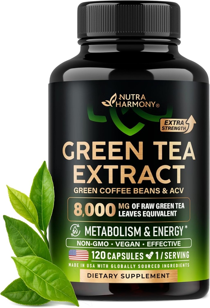 Green Tea Extract Capsules with Green Coffee Beans & Apple Cider Vinegar - Energy & Metabolism Support - Green Tea Supplement 50% EGCG - 20:1 Natural Extract - for Men &amp; Women - 120 Vegan Capsules