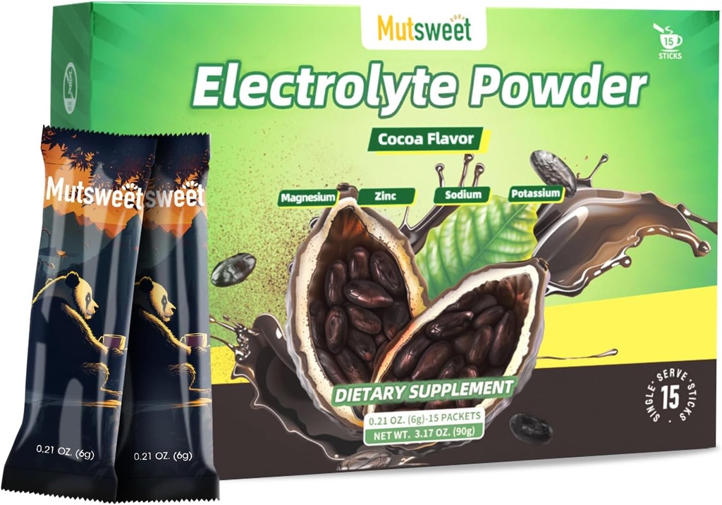 Hydrate Electrolytes Powder Packets, Electrolytes Powder No Sugar Electrolytes Drink Mix with 4 Electrolytes, Vegan, Non-GMO - 15 Sticks - Cocoa Flavor