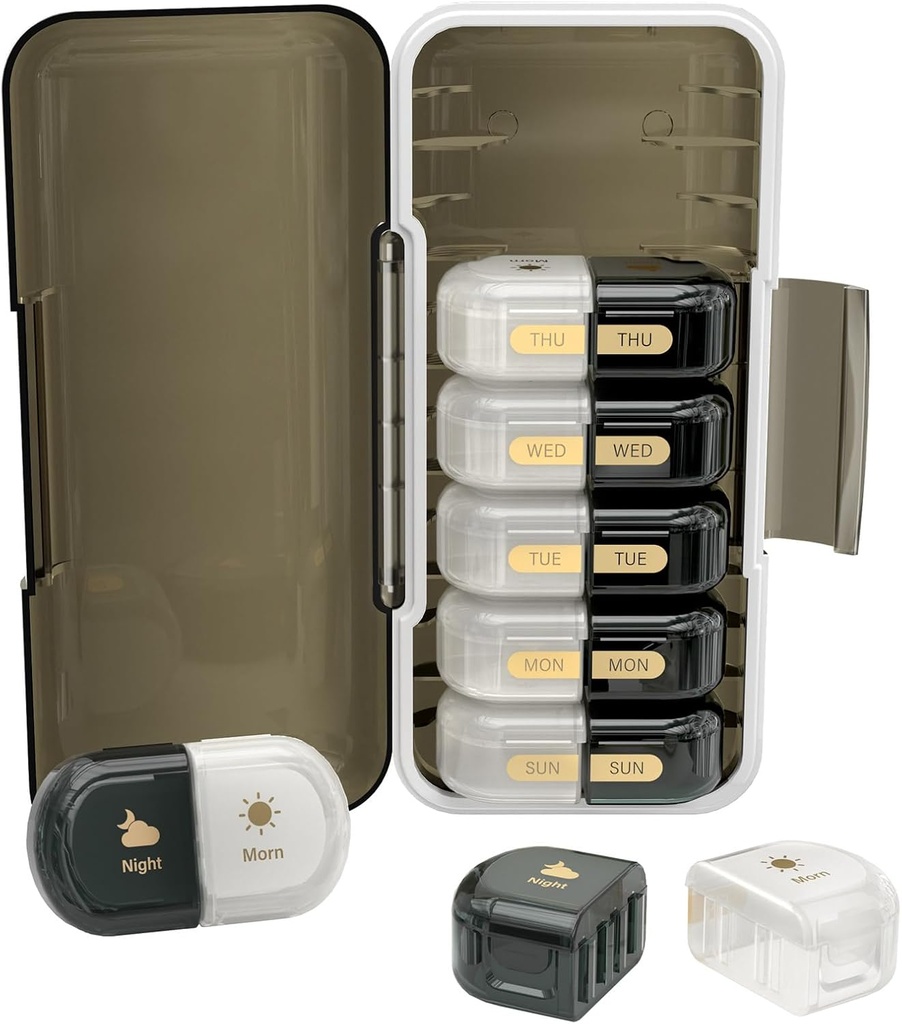 Organizador semanal de píldoras 2 veces al día, Moisture-Proof, Compartments desmontables, AM PM Pill Box 2X 7 Day, Organizador de píldoras/Fish Oil/Medication/Vitamin/Supplements (Black + White)
