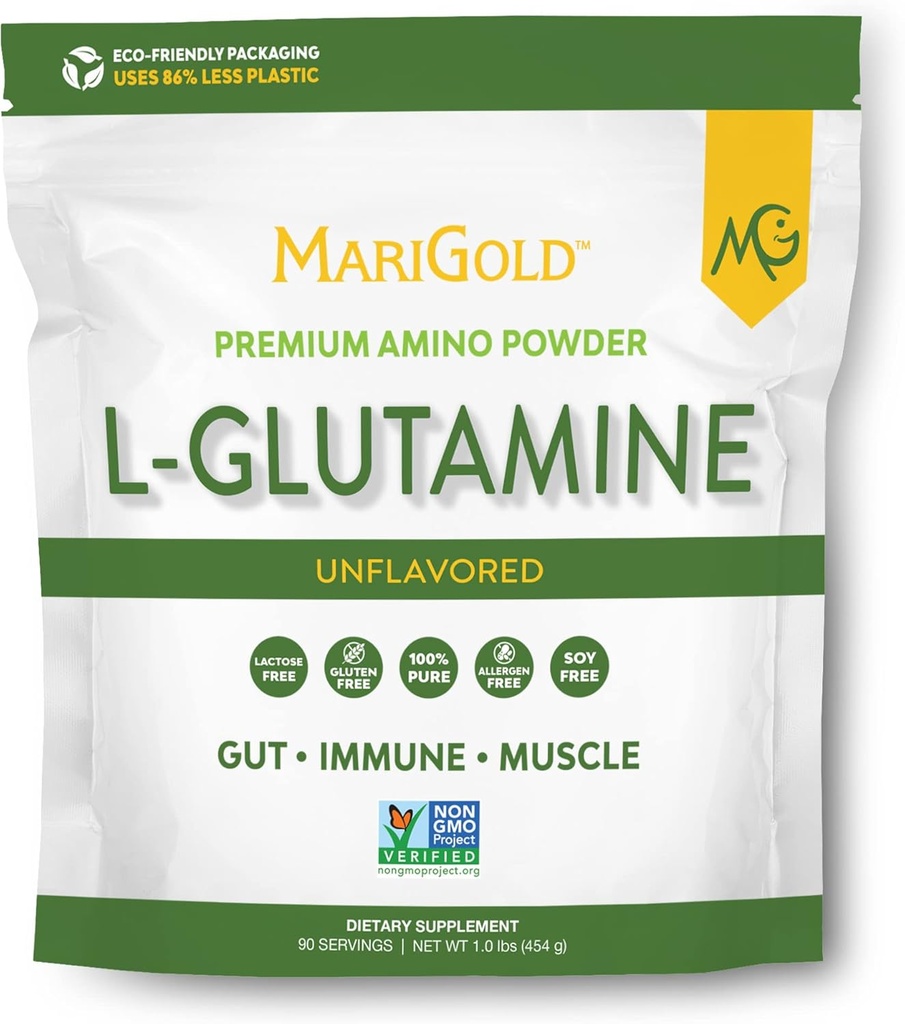 MariGold Pure Unflavored L-Glutamine Powder - Healthy Gut, Immune y Muscle Support, Non-GMO, Gluten Free, Soy & Allergen Free (5g / 5000mg por Serving)