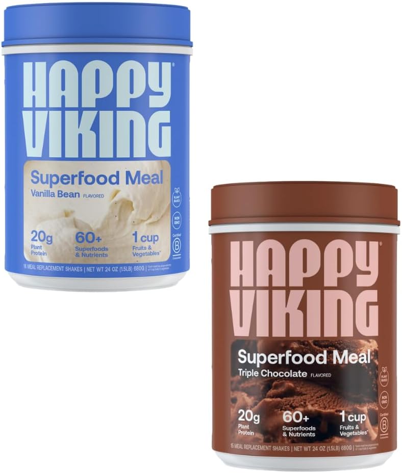 Happy Viking Vanilla y Chocolate Protein Powder, por Venus Williams, 20G Protein, Low Carb, Keto, Vegan, Gluten-Free, Superfoods, Complete Meal Replacement, 2 Canisters (24 oz. Cada uno)