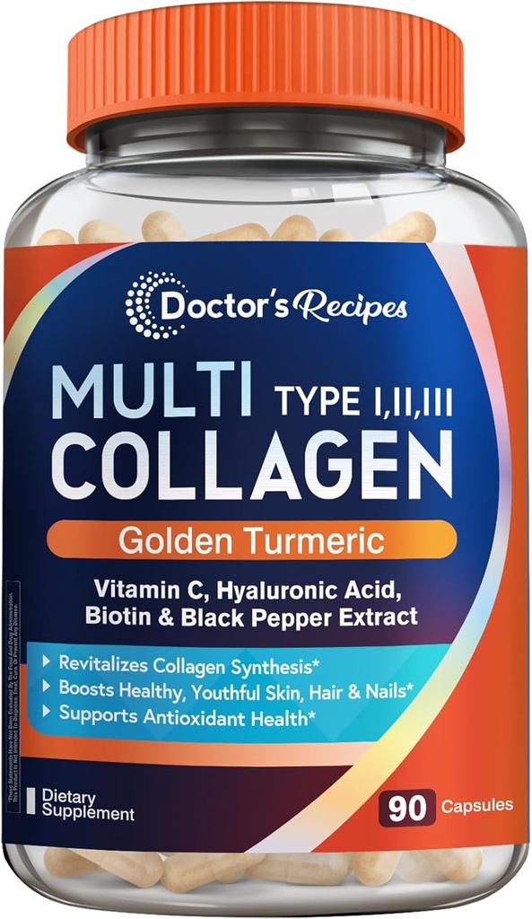 Doctor's Recipes Multi Collagen Peptides with Golden Turmeric, Vitamin C, Biotin, Hyaluronic Acid & Black Pepper, Collagen Supplements for Skin, Hair, Nail, Collagen for Women and Men, 90 Caps