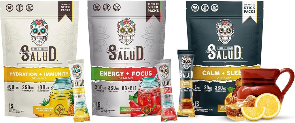 Salud Variedad 3-Pack TENIDO 2-en-1 Hidratación + Inmunidad (Pineapple), Energía + Focus (Strawberry Watermelon) & Calm + Dormir (Cariño limón) – 15 Servimientos Cada, No GMO, Gluten Free, Baja Calorie, 1g de Sugar