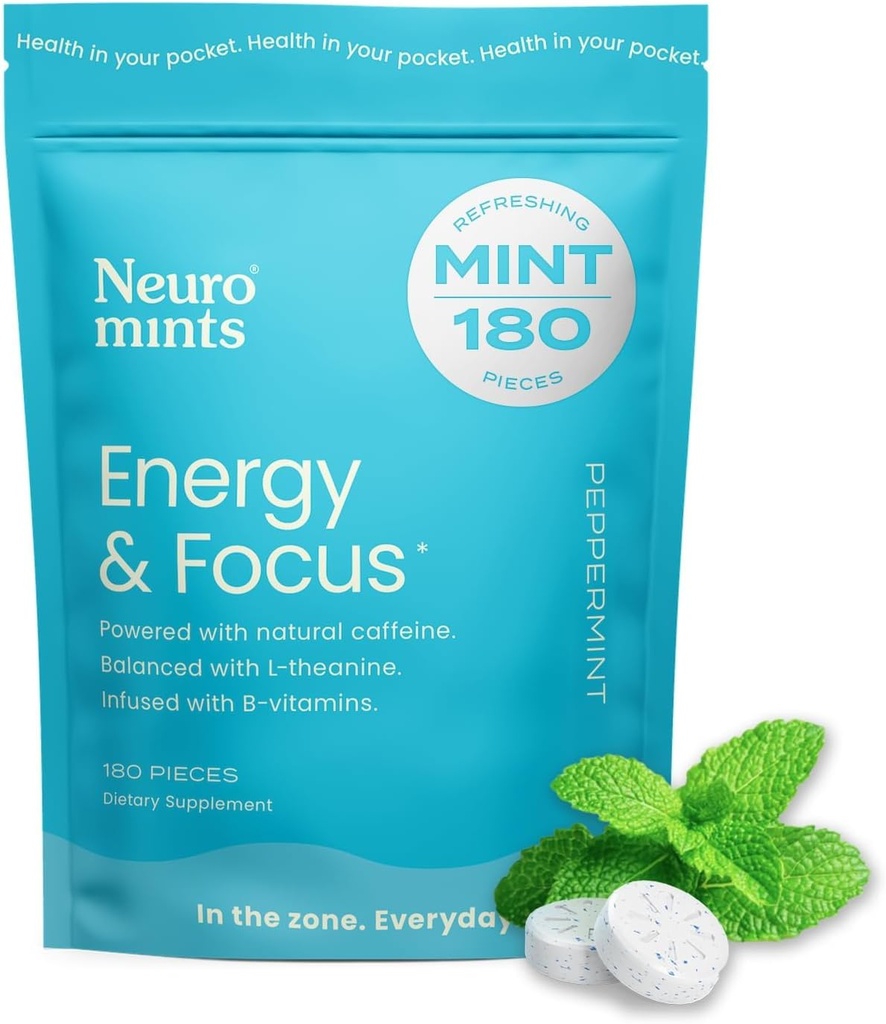 NeuroGum Energy Caffeine Mints (180 piezas) - Azúcar gratis con L-theanine + Caffeine natural + Vitamin B12 &amp; B6 - Nootropic Energy & Focus Supplement for Women & Hombre - Keto & Vegan, Peppermint Flavor