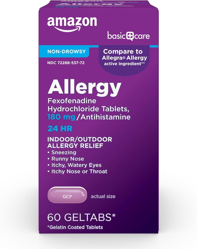 Cuidado básico, 24 horas Alivio de Alergia, Hidrocloruro de Fexofenadina Geltabs 180 mg, Antihistamínico no Hornos, 60 Cuenta