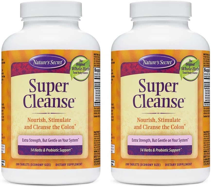 Naturaleza Secreto Super Cleanse Extra Strength Toxin Detox " Gentle Elimination Body Cleanse, Digestive " Colon Health Support - Stimulating Blend of 14 Herbs with Probiotics - 200 Tablets (Pack of 2)