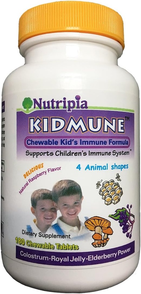 Kidmune Kids Immune Booster - 180 Chewable Mini Tabs with Elderberry, Colostrum, Propolis, Beta Glucan, Astragalus, Vitamin C, D, Zinc - Fun 4 Animal Shapes!