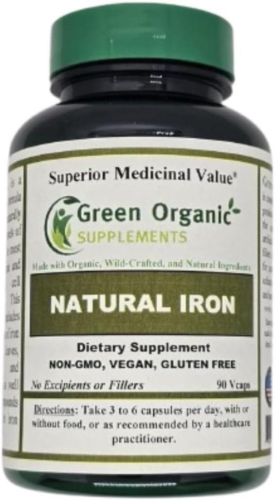 (Pack of 1) Green Organic Supplements' Iron, 2000mg Organic Iron Capsules, 90, Hand Made, Vegan, Non-GMO, & Gluten Free Natural Iron Capsules