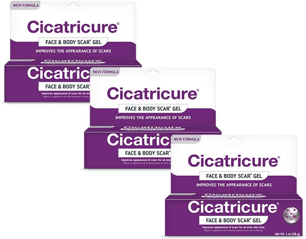 Cicatricure Face & Body Advanced Scar Gel, Scar Gel for Old & New Scars, Fades Stretch Marks Away, Surgical Scars, Injuries, Burns, for Adults & Kids, 1 oz (28g), 3 Pack