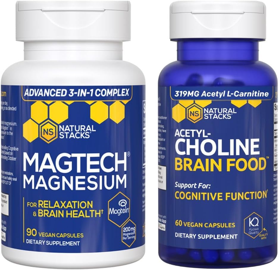 Natural Stacks Magtech Magnesium + Acetylcholine Brain Food Bundle - Supports Brain Health, Relaxation & Cognitive Function* - 150 Total Capsules