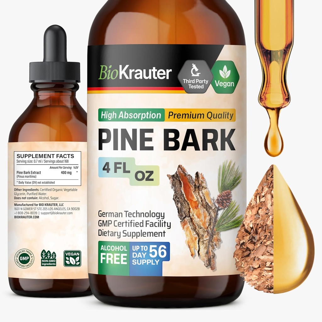 BIO KRAUTER Pine Bark Extract - Rich in Antioxidants Liquid Supplement - 400 mg French Maritime Pine Bark Extract Drops - Vegan, Alcohol &amp; Sugar Gratis - 4 Fl Oz