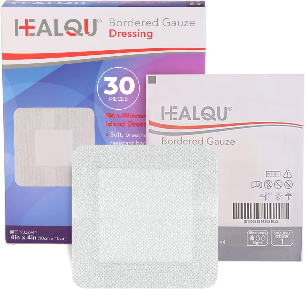 Vestido de la isla HEALQU - 4"x4", 30 Conde - Pulseras de Gauze Fronteriza Afiladas individualmente, Resistente al agua, Respaldo no tejido - Vestido suave y respirable para primeros auxilios y médicos