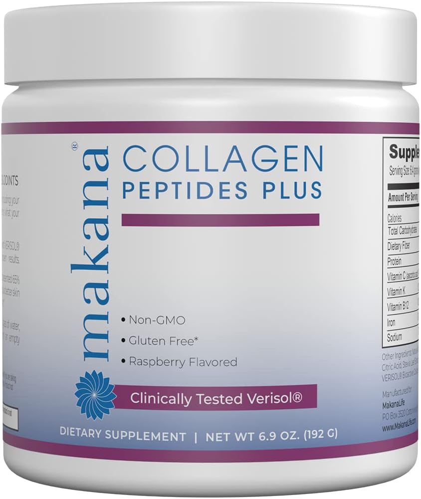 Makana Collagen Peptides Plus – con Verisol®, Vitamina C, Ácido Hialurónico " Aminoácidos – Apoya el cabello, la piel, las uñas, " Juntas, 30 Servimientos – Sabor de frambuesa