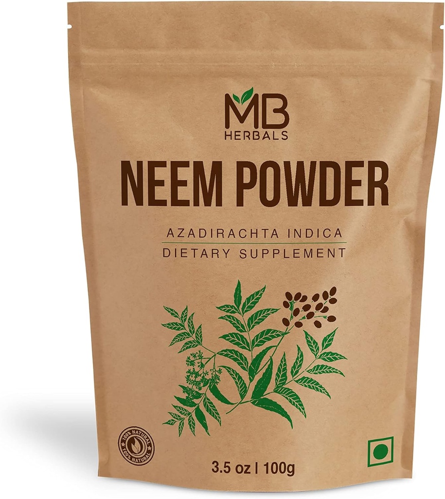 MB Herbals Pure Neem Leaf Powder 100 Gram / 3.5 oz  Azadirachta Indica ← Salvaje Neem Suplemento Skin and Hair Care