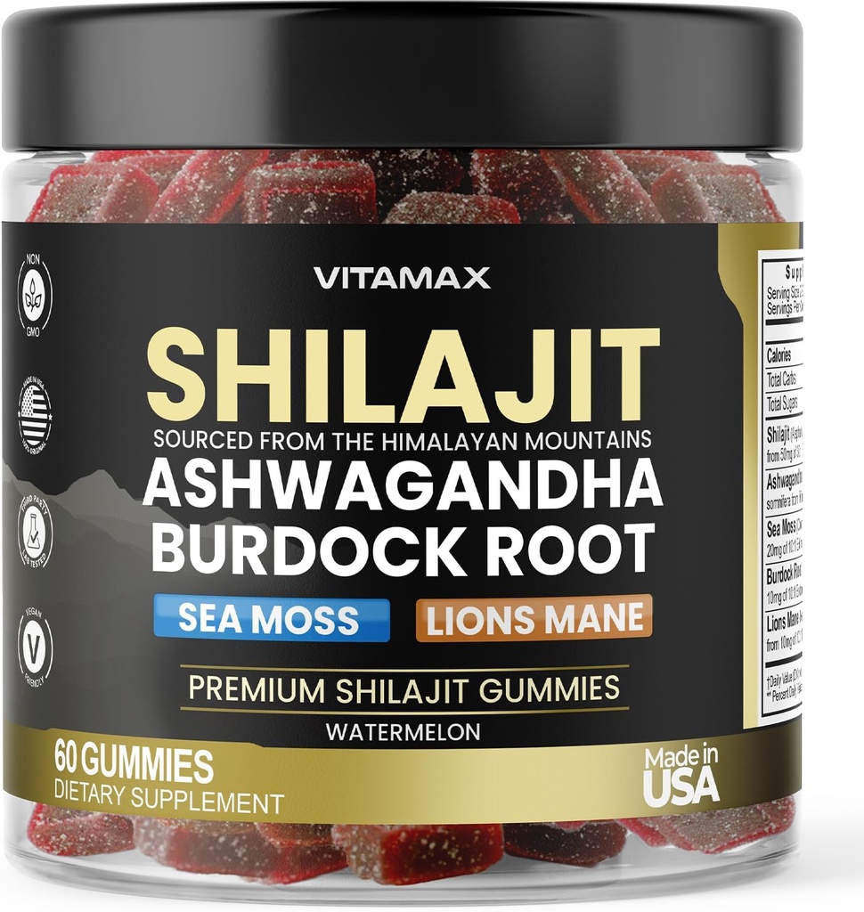 Organic Shilajit Gummies, Sea Moss, Ashwagandha, 105+ Trace Minerals – Organic Burdock Root & Lions Mane Mushroom – Watermelon Flavor - Vegan & Non-GMO – Made in USA – 60ct