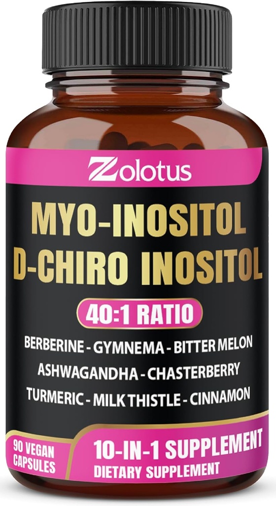 Zolotus Myo-Inositol " D-Chiro Inositol Ideal Ratio Inositol Suplemento con Bitter Melon, Milk Thistle, Turmeric, Gymnema, Chasteberry, Ceylon Cinnamon, Ashwagandha, Berberine - 90 cápsulas