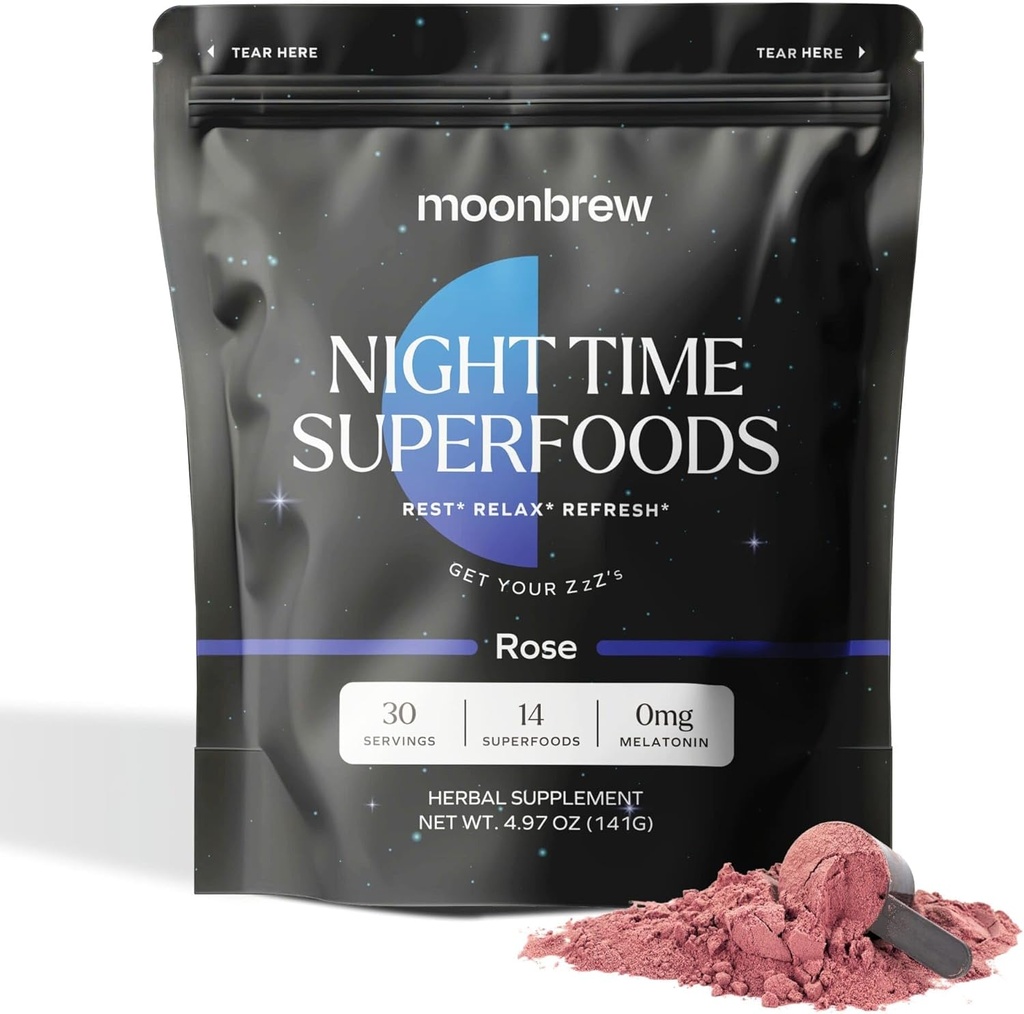 MoonBrew Magnesium Sleep Tea: Natural Melatonin-Free Sleep Aid TEN 14 Superfoods with Magnesium Glycinate &amp; Adaptogens ANTE Keto, Whole30 &amp; Vegan ← Disfruta caliente o frío - 30 Servings