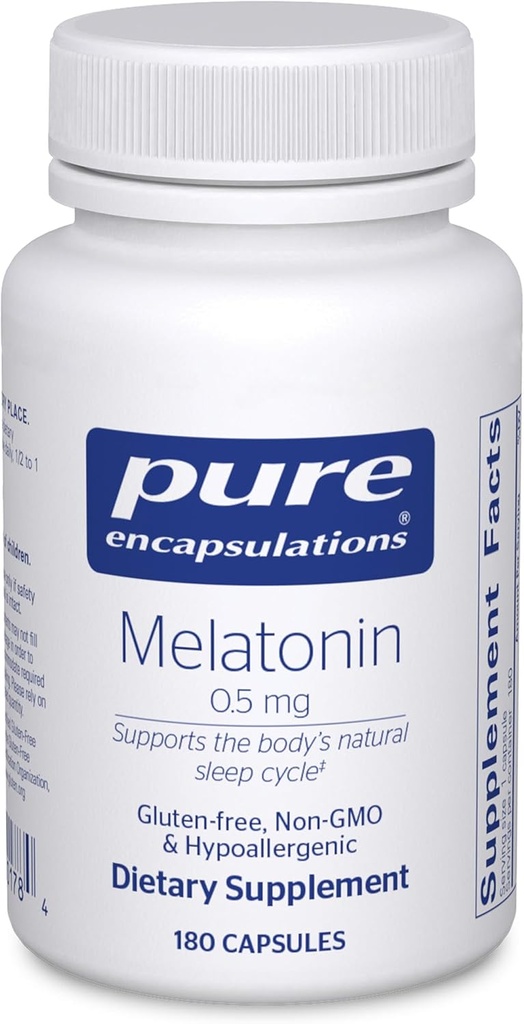 Encapsulaciones puras Melatonina 0.5 mg - Ayudador natural del sueño para la hora de dormir - Regula el ciclo del sueño-algo - 0.5 mg Melatonina - Vegan " No GMO - 180 cápsulas