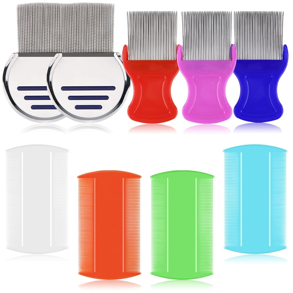 LABOTA 9 Pcs Lice Combs, Flea Combs, Pelo Comb Doble Sided Fine Tooth Combs, Removal Dandruff Comb with Metal Teeth, Acero Inoxidable Louse and Nit Comb for Head Lice Treatment