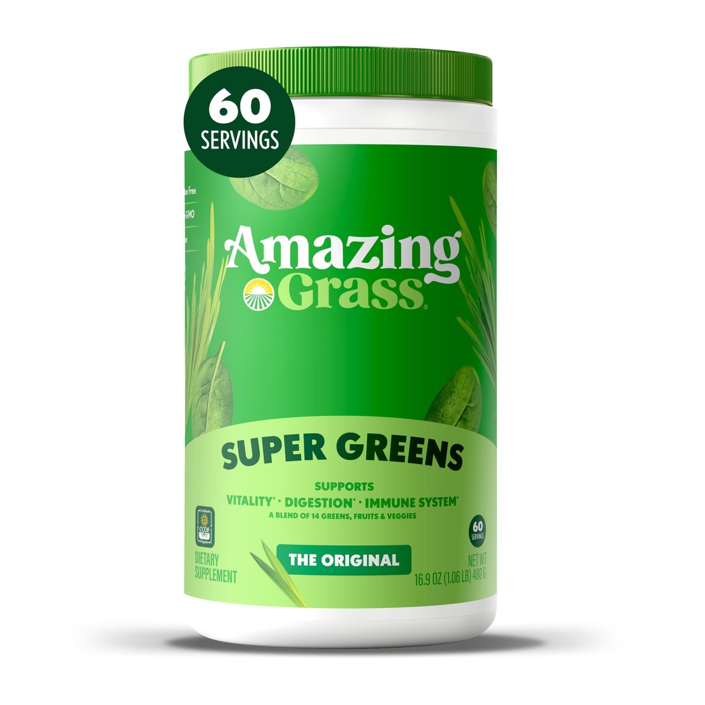 Increíble Grass Greens Blend Superfood: Super Greens Powder with Spirulina, Chlorella, Beet Root Powder, Digestive Enzymes, Prebiotics & Probiotics, Original, 60 Servings (Packaging May Vary)